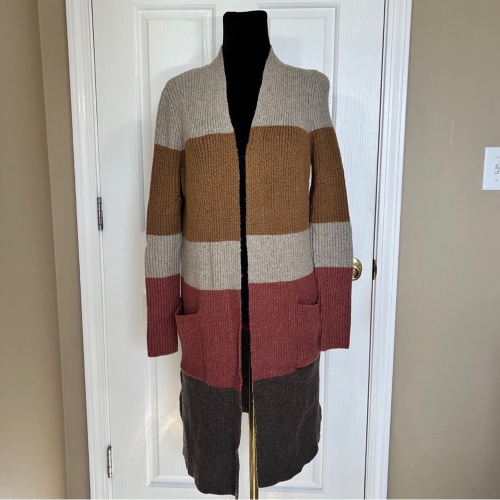 LOFT Colorblock Ribbed Open Front Cardigan Size Medium Longline Earth Tone Cozy
